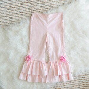 HAUTE BABY GIRLS SZ 4T PINK RUFFLE FLARE BELL BOTTOM PANTS FLORAL ACCENTS